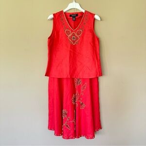 Vintage Linen Skirt & Top Set Women's 10 / 12, Midi, Lined, Beaded Floral Coral